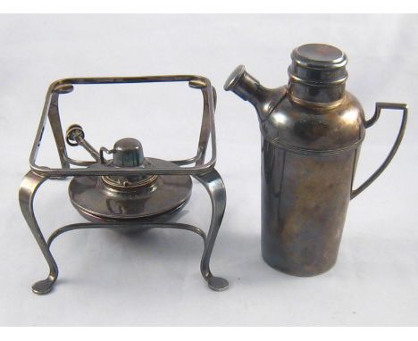 A Mappin and Webb silver plated cocktail shaker with handle and spout and a Mappin and Webb silver plated chafing dish stand 