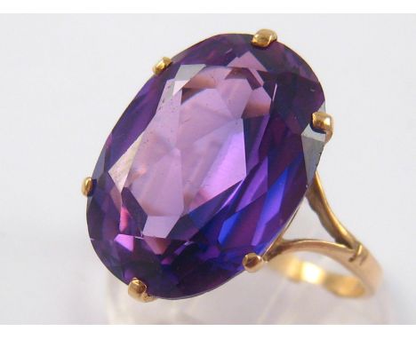 A 9 carat gold amethyst ring, amethyst approx 18 x 13mm, ring size R, 6 gms.