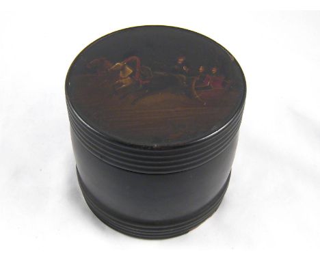 A Russian lacquered and foil lined tea caddy in the form of a bound barrel, the tight fitting lid with troika scene. 13 cm. d