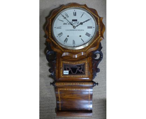 A 19th century walnut and marquetry inlaid drop dial clock with a 12" replacement Roman dial, twin spring driven movement - H
