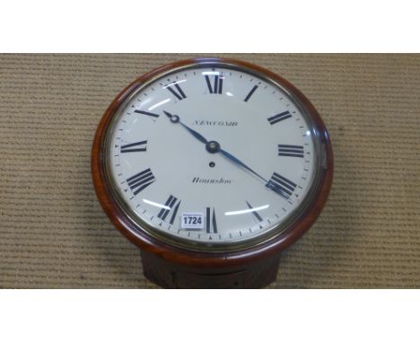 A good quality early Victorian mahogany wall clock with a 12" convex dial, signed Newcomb Hounslow, with pierced moon hands a