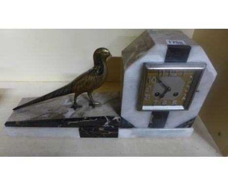An Art Deco - Pheasant - marble mantel clock - Height 24cm 