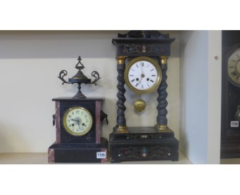 An ebonised portico clock - Height 49cm and a marble mantel clock 
Condition report: Both needing some restoration 