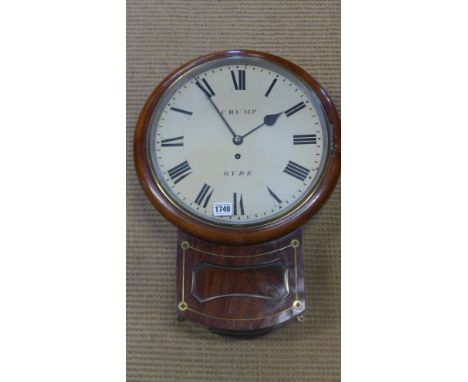 A good early Victorian mahogany drop dial wall clock, the 12" dial signed Crump Ryde with brass inlay and cast bezel, eight d