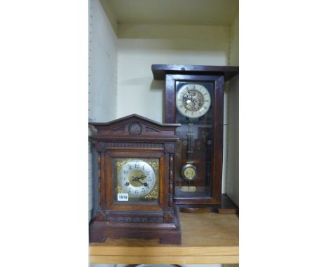 A Junghams oak mantel clock - Height 36cm and a wall clock movement in a later case