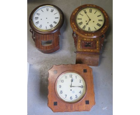 Two drop dial wall clocks with 12" dials and an oak wall clock 
Condition report: Movement missing to mahogany drop dial, all