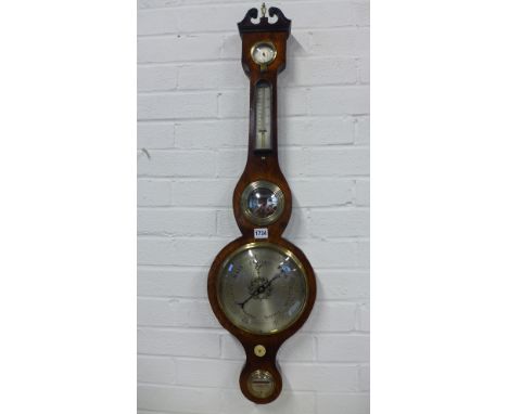 A late 19th century Banjo barometer, scale 28 to 31 with thermometer above 
Condition report: Working order, plugged for tran