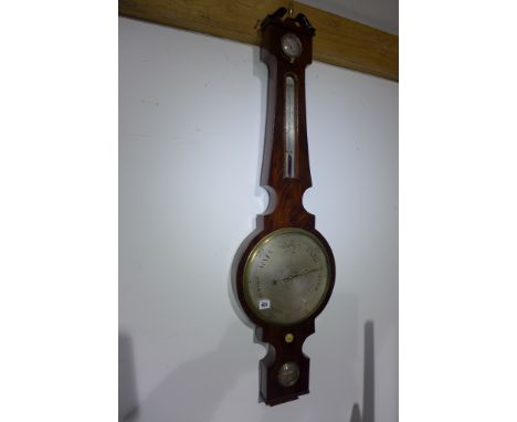 A 19th century mahogany barometer with a thermometer over a 25cm silvered dial - Height 110cm