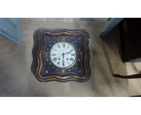 A 19th century Vineyard clock in ebonised shaped case with floral inlays and mother of pearl decoration, circular porcelain d