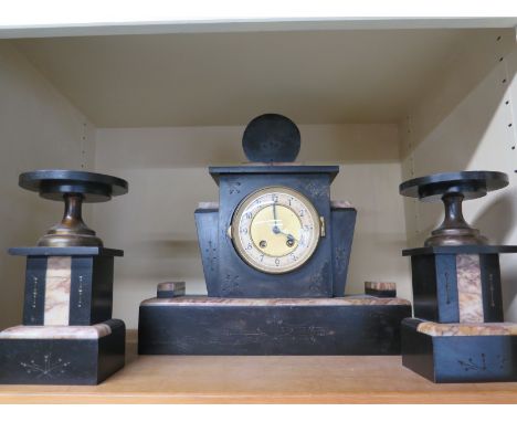 A black slate and marble clock garniture set - Height 31cm 