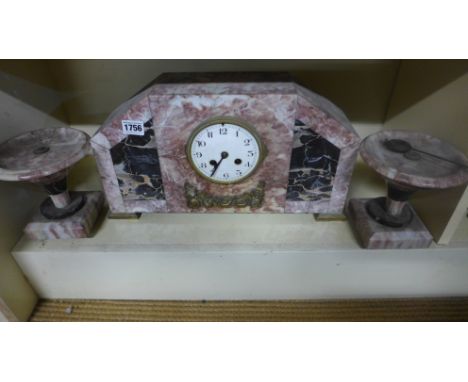 An Art Deco marble clock garniture set - Height 23cm 