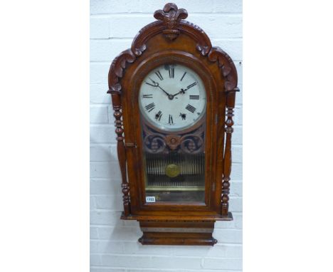 A Late 19th century walnut case wall clock applied C scroll decoration and Prince of Wales feathers painted 12" Roman dial - 