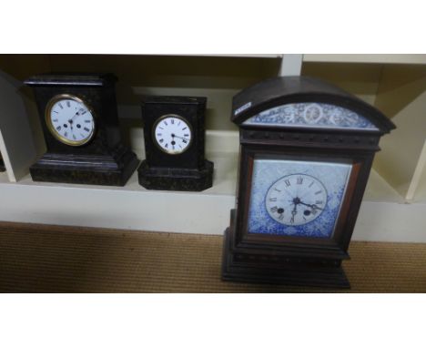 Two faux marble metal mantel clocks and a wooden mantel clock - Height 44cm 
