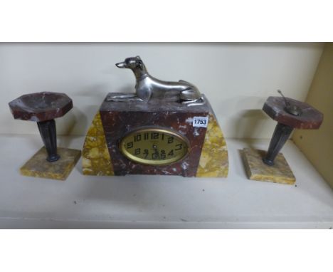 An Art Deco clock garniture set surmounted by a recumbent greyhound - Height 28cm 