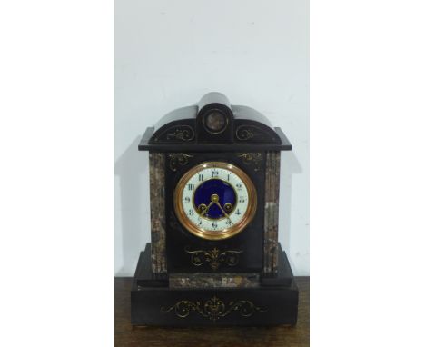 A 19th century French black mantel clock by Benetfink & Co, London - blue inner dial with Arabic numerals, coloured marble su