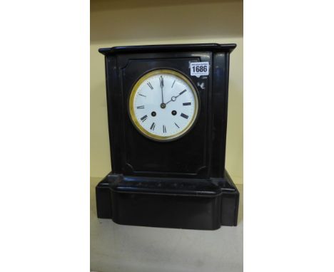 A Victorian black slate mantle clock with a Japy Freres 8 day striking movement - Height 33cm x Width 28cm x Depth 16cm with 