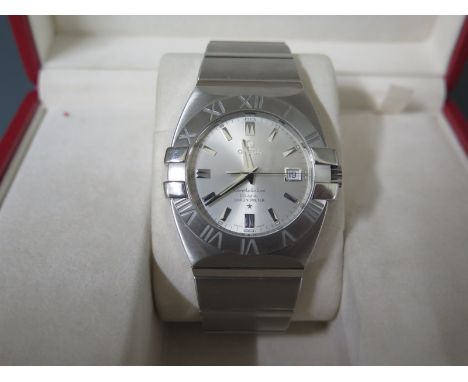 A stainless steel cased Omega double Eagle Co-Axial constellation chronometer with silvered dial, baton markers centred secon