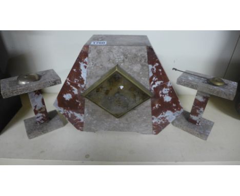 An Art Deco marble clock garniture - Height 24cm 