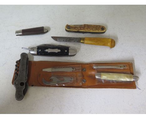A selection of Pen Knives to include a Sheffield made  Richards pen knife with a knife blade and three interchangeable tools 