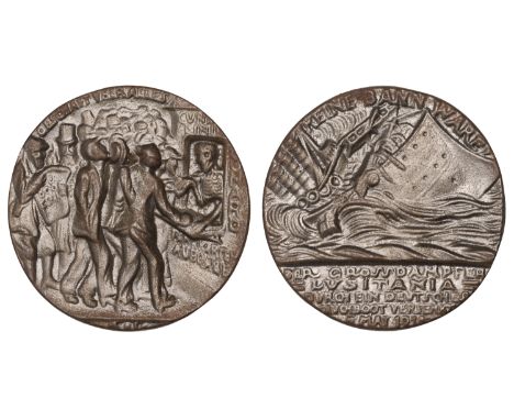 Sinking of the SS Lusitania, 1915, a cast English copy of the medal by K. Goetz, liner sinking, legend and date 5 may 1915 in