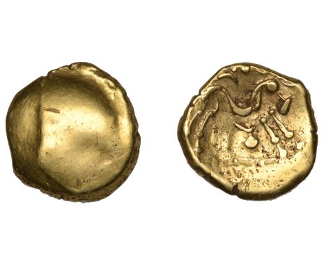 British Iron Age, GALLO-BELGIC, Stater, series E [Ambiani], Gallic War uniface type, blank, rev. stylised horse right, chario