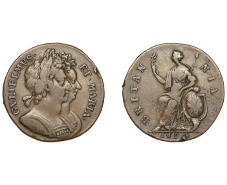 William and Mary (1688-1694), 1694, pattern in copper, probably by J. Roettier, conjoined busts right, king with short hair, 