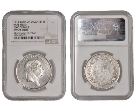 George III (1760-1820), Bank of England, Three Shillings, 1812, type 2 (ESC 2079; S 3770). Some light scratches, graffiti on 