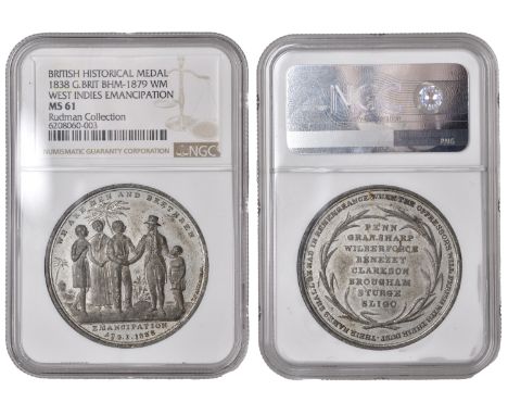 Emancipation in the West Indies, 1838, a white metal medal by T. Halliday, five standing figures, palm tree behind, rev. name