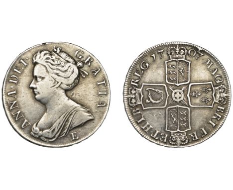 Anne (1702-1714), Crown, 1707e, edge sexto (ESC 1351; S 3600). Cleaned, light scratches on reverse, otherwise about very fine