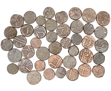 India, Princely States, INDORE, Half-Annas (2), rev. leaf and dagger (KM 90.1); obv. katar, rev. leaf and flag (10) (KM 92.1)