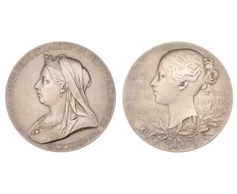 Victoria, Diamond Jubilee, 1897, a silver medal by G.W. de Saulles, diademed veiled bust left, rev. young head left, 55mm (W 