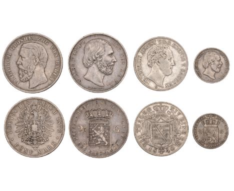 Germany, BADEN, Friedrich I, 5 Marks, 1876g (KM 263.1); SAXONY, Friedrich August, Thaler, 1840g (KM 1148); NETHERLANDS, Willi