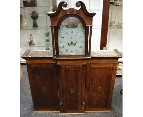 A George/William IV oak combination longcase clock and housekeeper's cupboard, 30cm arched enamel dial with Roman and Arabic 