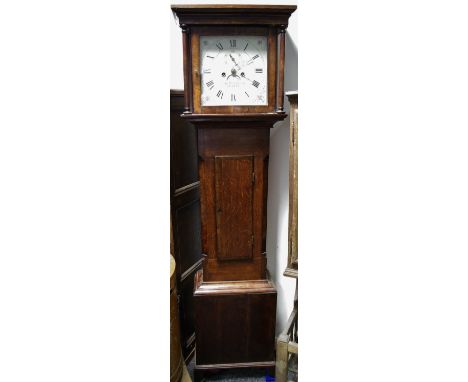 A late 18th century oak longcase clock, the painted dial with Roman numerals, eight day movement striking on a bell, inscribe