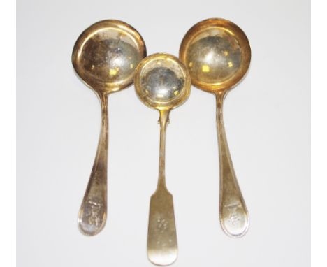 A  pair of George III Old English pattern sauce ladle,  Peter and Anne Bateman, London 1793;  a Victorian Fiddle pattern ladl