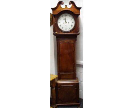 A Regency mahogany longcase clock, 33cm circular enamel dial inscribed Whitehurst & Son, Derby, Roman and subsidiary Arabic n