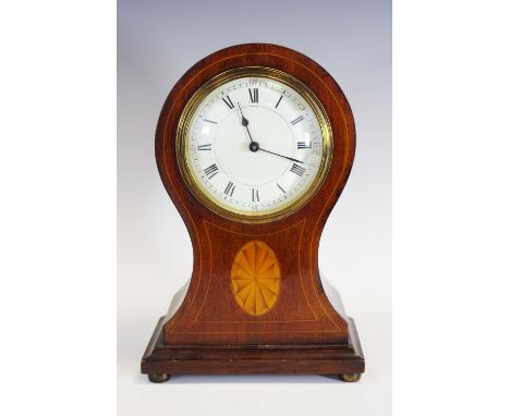 A Sheraton revival mahogany balloon shaped mantel clock, French movement, inlaid with batwing paterea and satinwood stringing