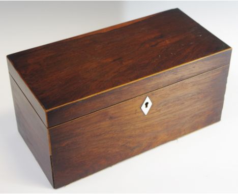 A George III mahogany rectangular  tea caddy, boxwood strung, the interior with two lidded compartments and mixing bowl apert