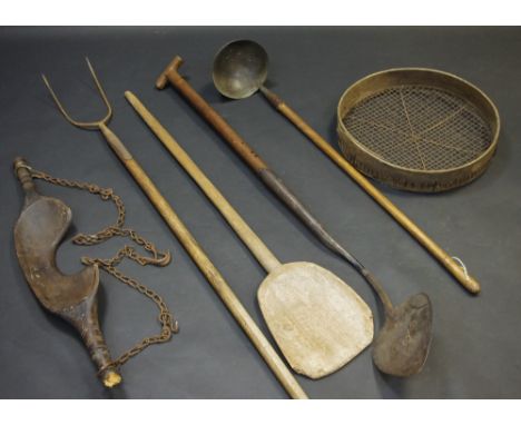 Farming Bygones - early 20th century hay fork, grain shovel; yoke, turfing tool; sieve;  etc.