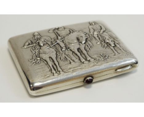 A Russian silver rectangular cigarette case, embossed with Bogatyr, from  Victor Vasnetovs painting of  Nikitich, Illya Murom