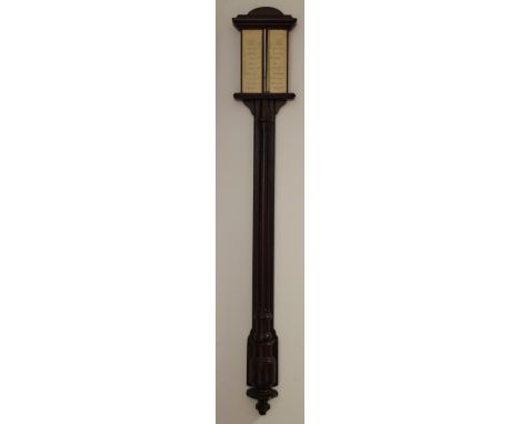 A George III mahogany stick barometer,  the cream dial inscribed Broomhead of Bakewell, fluted column, turned base, 100cm lon