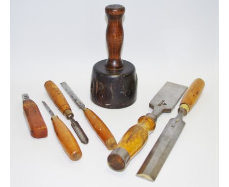 A Marples 2" sash pocket chisel; a Sorby 11/4" chisel; others; a cabinet maker's mallet (7)