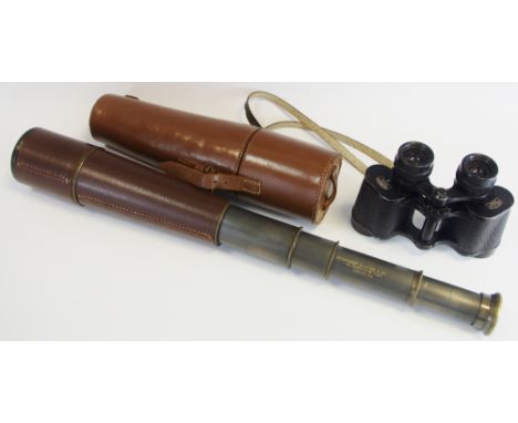 A Broadhurst Clarkson &amp; Co, London four-draw telescope, leather case';  a pair of Carl Zeiss Jena Deltrintem 8 x 30 binoc