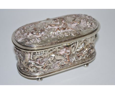 A 19th century silver plated bronze jewellery casket, heavily embossed throughout depicting stag and boar hunting scenes, sil