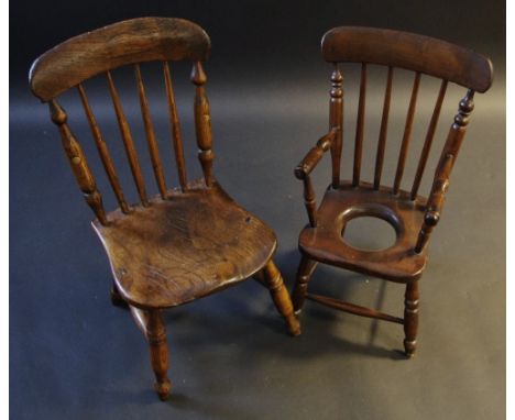 A late 19th century child's elm kitchen chair, spindle back, H stretcher, turned legs, c.1890;  a similar commode chair (2)