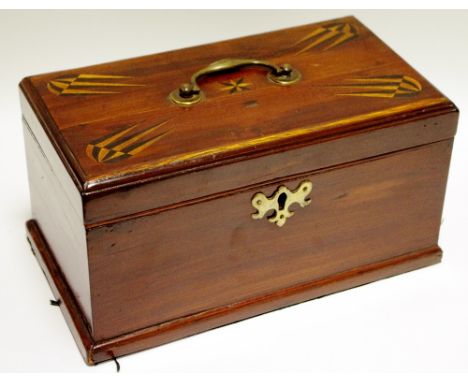 A 19th century  mahogany rectangular  tea caddy, the cover inlaid in ebony and boxwood, with star and shapes to angles, 28cm 