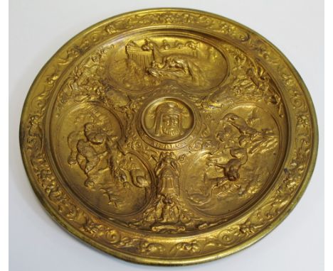 A 19th century French Revivalist gilt-patinated bronze circular dish, cast in high and low relief, centred by a portrait bust