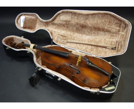 A 19th century cello, the two piece back 73.5cm long excluding button, rosewood tuning pegs, 125cm long overall, circa 1890. 