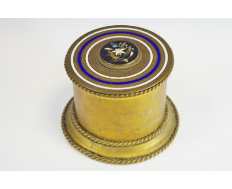 A 19th century Derbyshire Ashford marble mounted gilt metal and enamel cylindrical dressing table casket, the push-fitting co