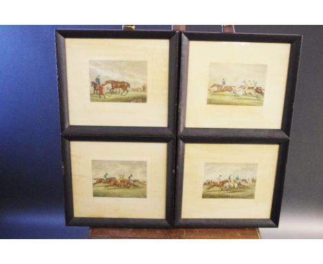 A set of four coloured lithograph racing prints, 13cm x 17cm, framed